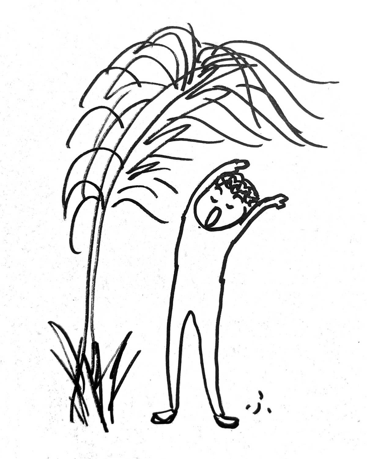 A line drawing of a person and a tree bending in the same direction