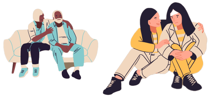 Illustration of an older couple on a couch and a younger pair of people, comforting eachother.